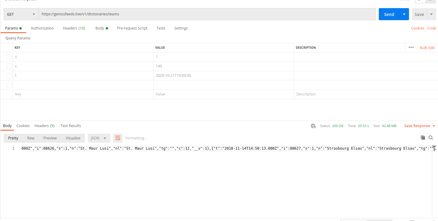 Postman Teams/Playerss Dictionary Example